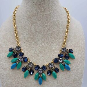 J Crew Blue Crystal Green Resin Statement Necklace NWOT!!  NEW!